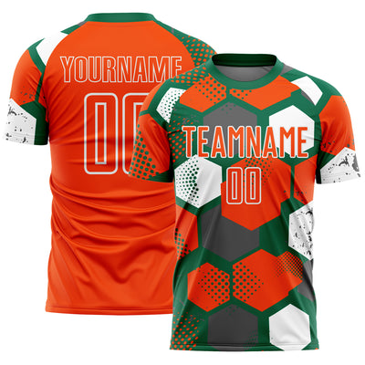 Custom Kelly Green Orange-White Geometric Shape Sublimation Soccer Uniform Jersey