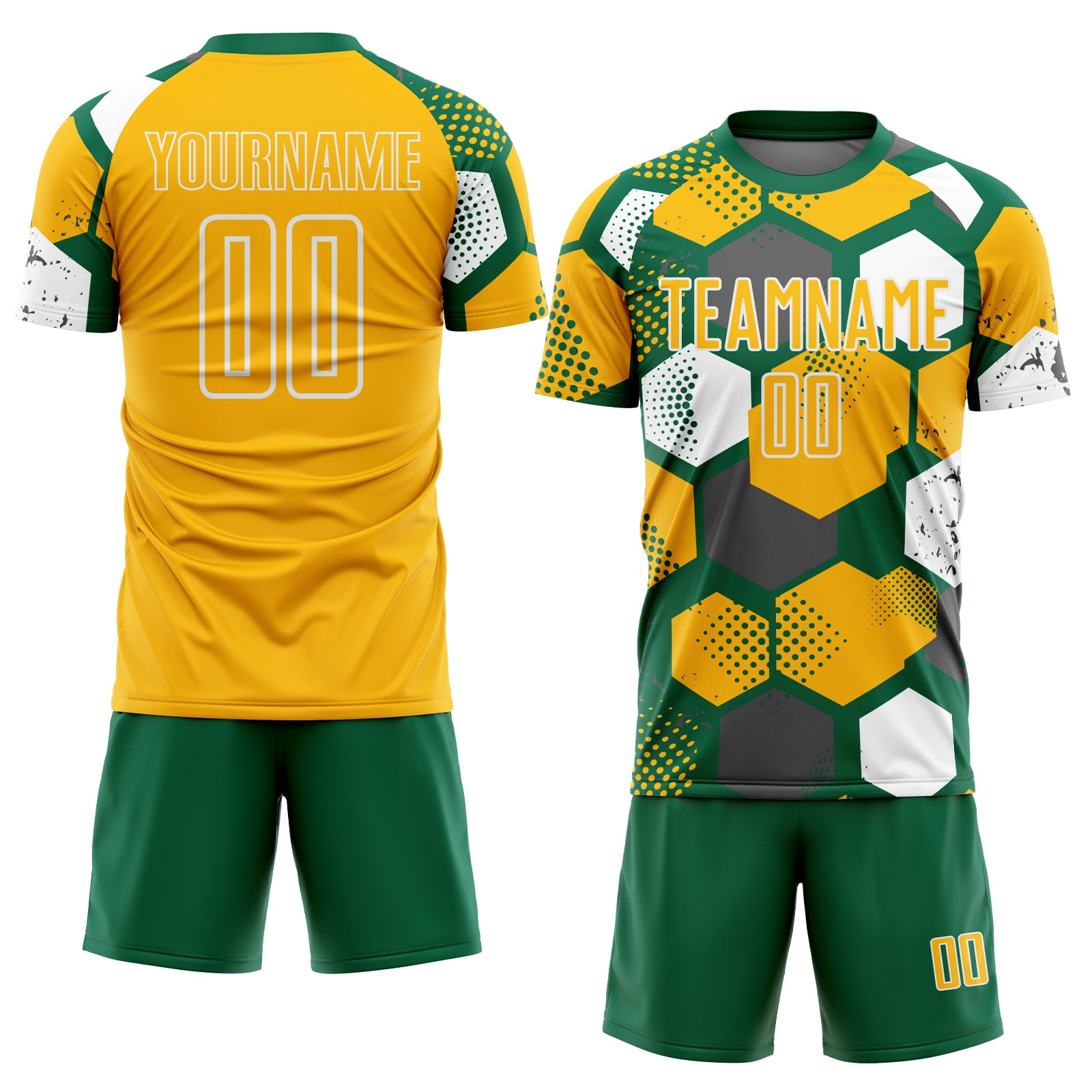 Custom Kelly Green Gold-White Geometric Shape Sublimation Soccer Uniform Jersey