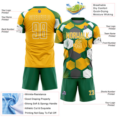 Custom Kelly Green Gold-White Geometric Shape Sublimation Soccer Uniform Jersey