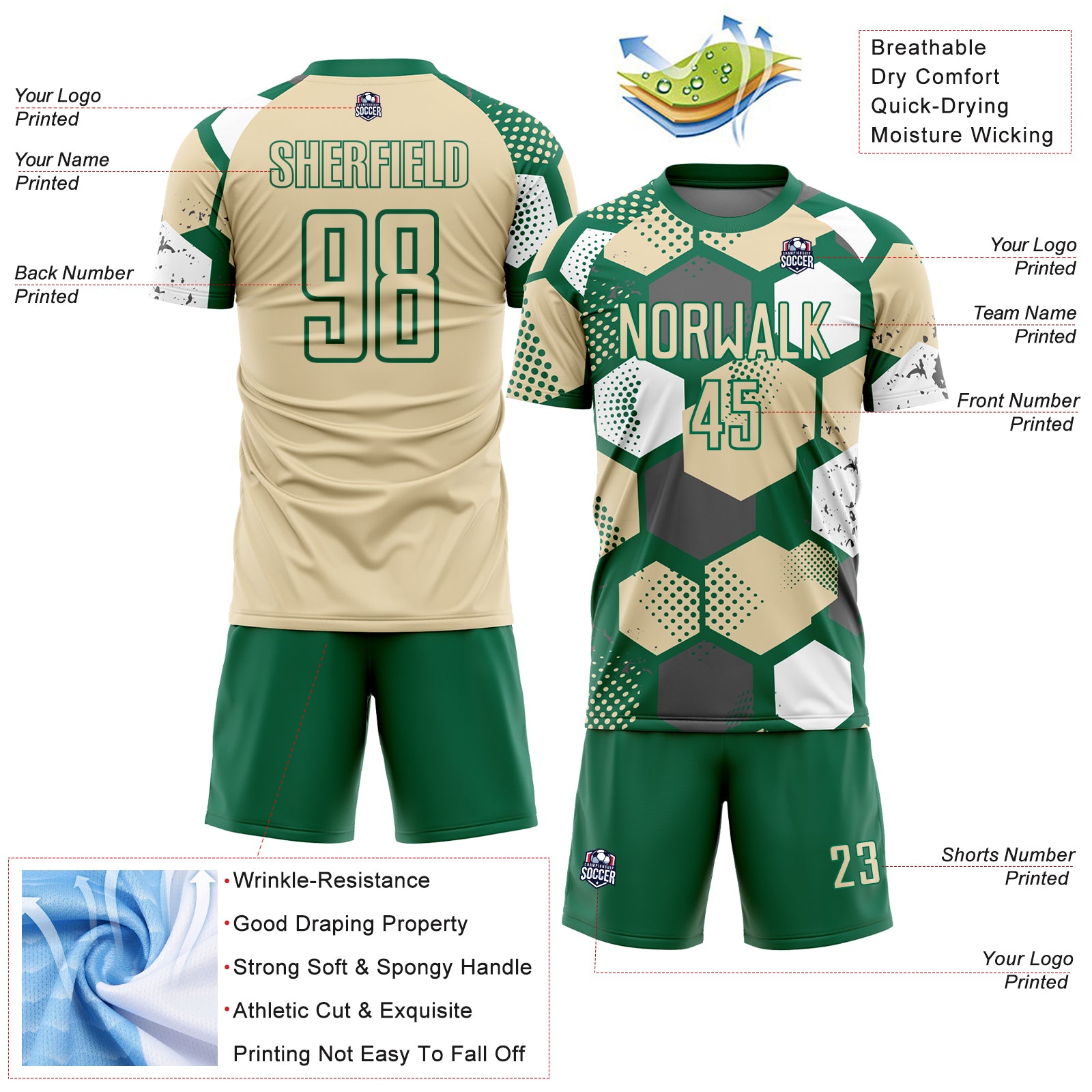 Custom Kelly Green Cream-White Geometric Shape Sublimation Soccer Uniform Jersey