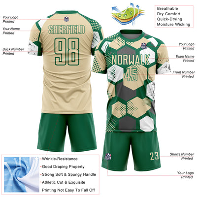 Custom Kelly Green Cream-White Geometric Shape Sublimation Soccer Uniform Jersey