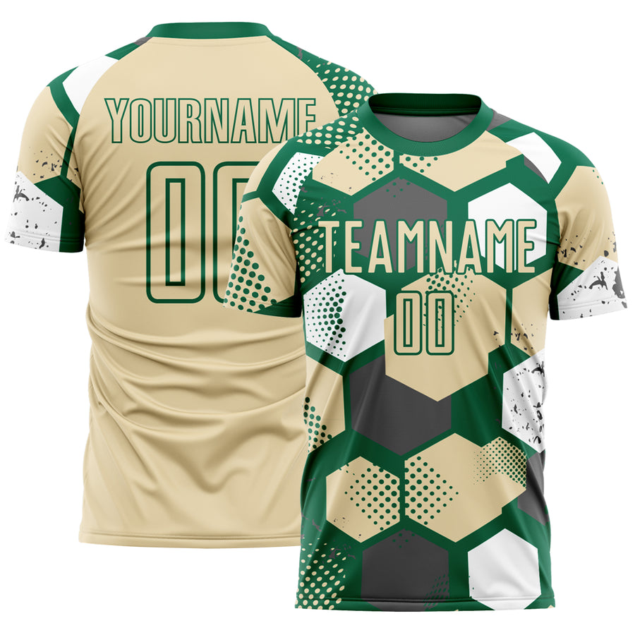 Custom Kelly Green Cream-White Geometric Shape Sublimation Soccer Uniform Jersey