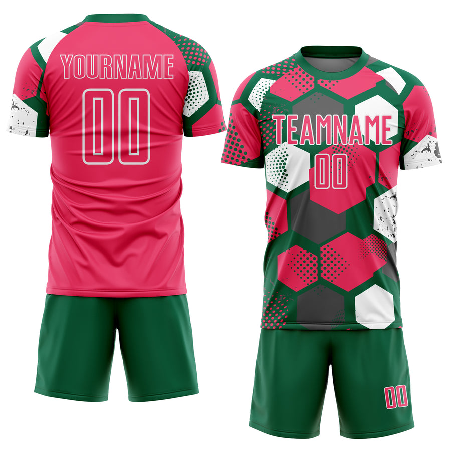 Custom Kelly Green Neon Pink-White Geometric Shape Sublimation Soccer Uniform Jersey