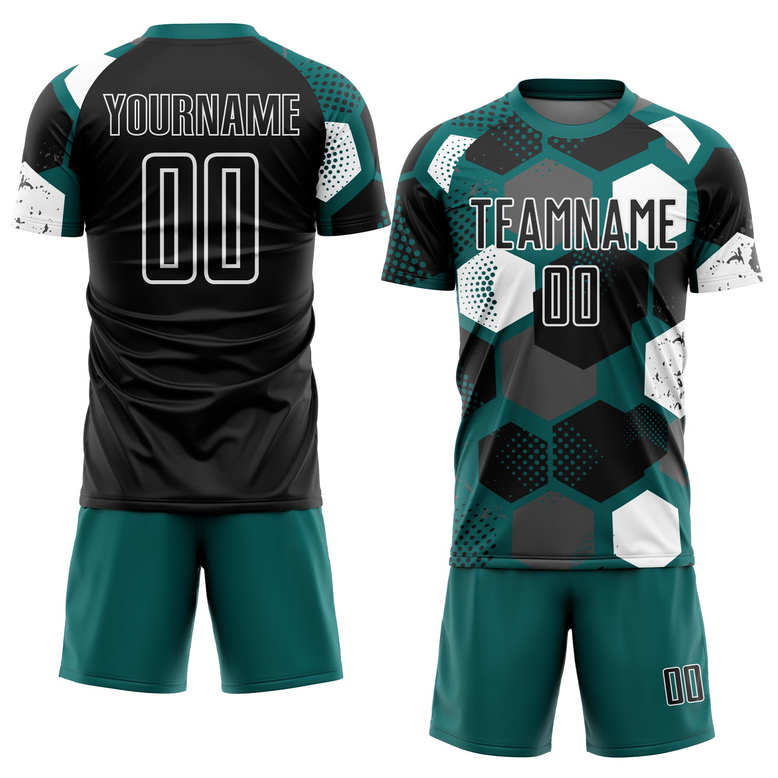 Custom Teal Black-White Geometric Shape Sublimation Soccer Uniform Jersey
