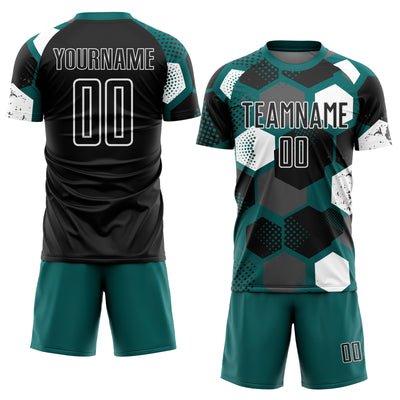 Custom Teal Black-White Geometric Shape Sublimation Soccer Uniform Jersey