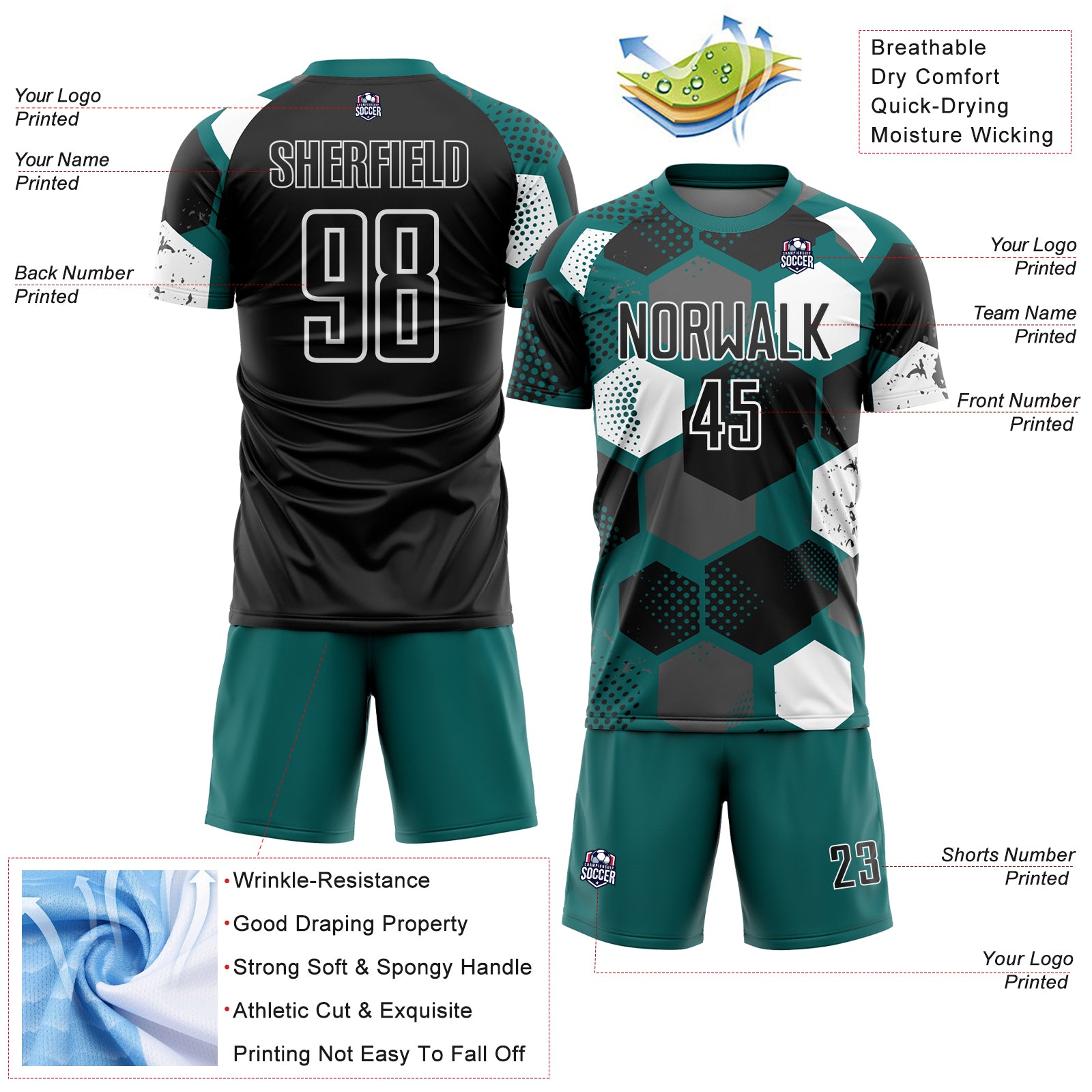 Custom Teal Black-White Geometric Shape Sublimation Soccer Uniform Jersey