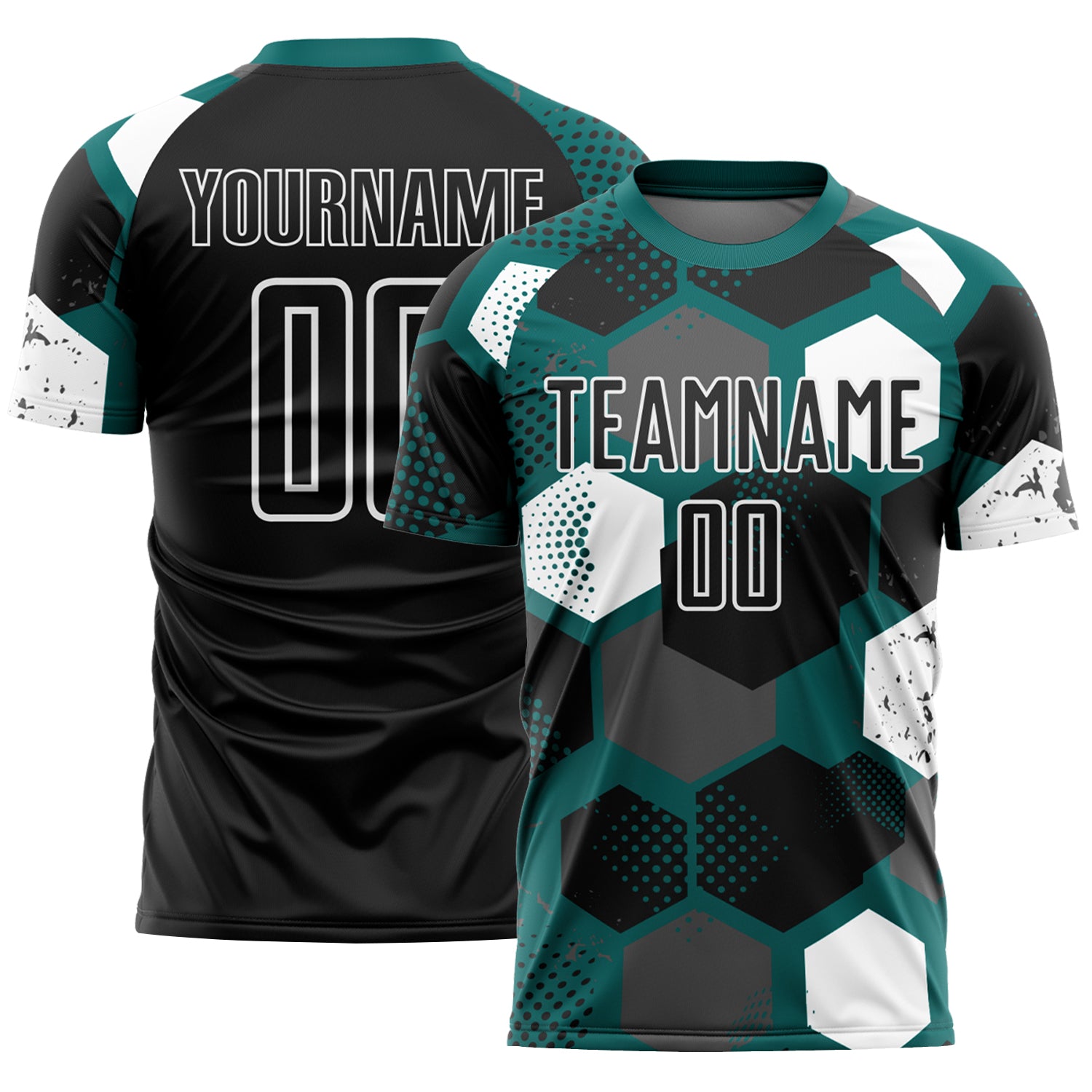 Custom Teal Black-White Geometric Shape Sublimation Soccer Uniform Jersey