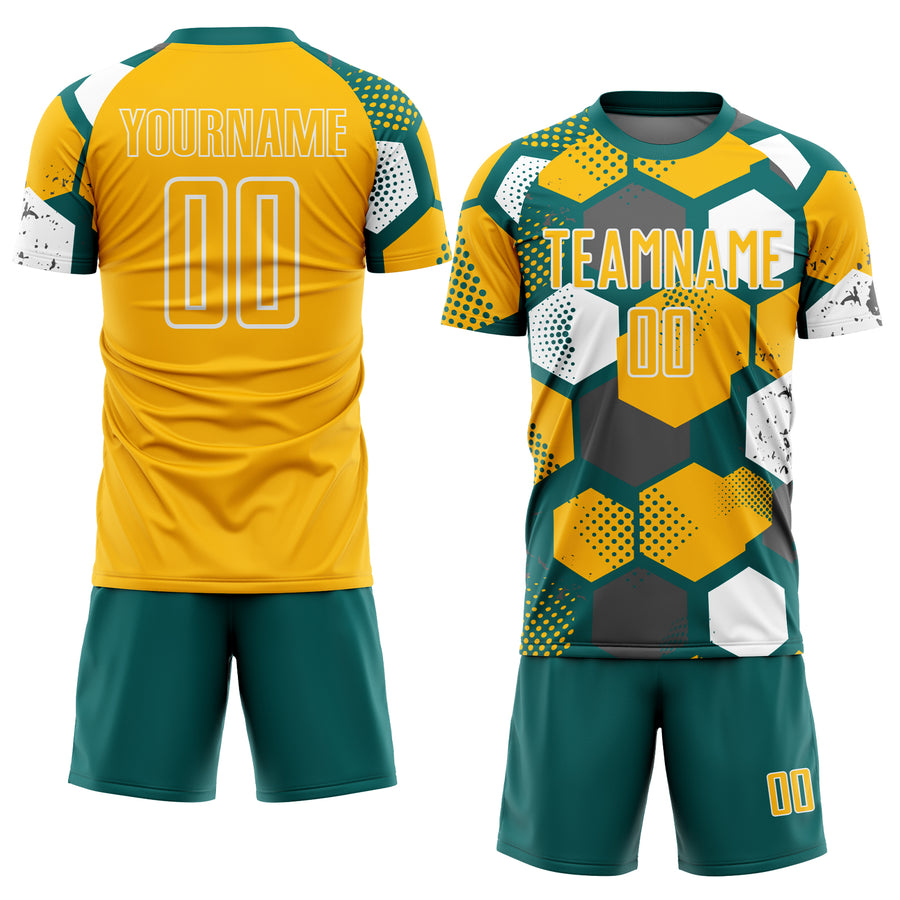 Custom Teal Gold-White Geometric Shape Sublimation Soccer Uniform Jersey