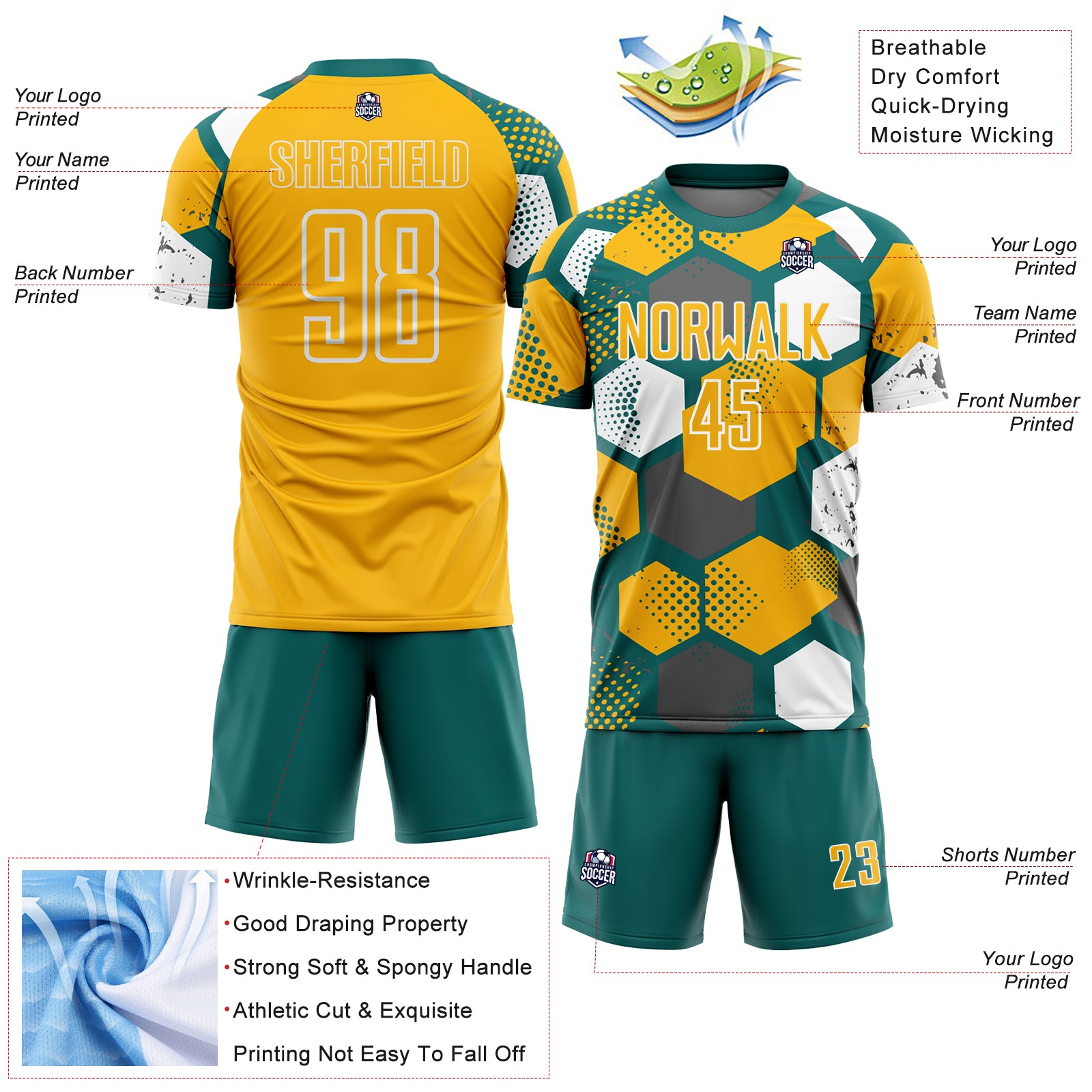 Custom Teal Gold-White Geometric Shape Sublimation Soccer Uniform Jersey