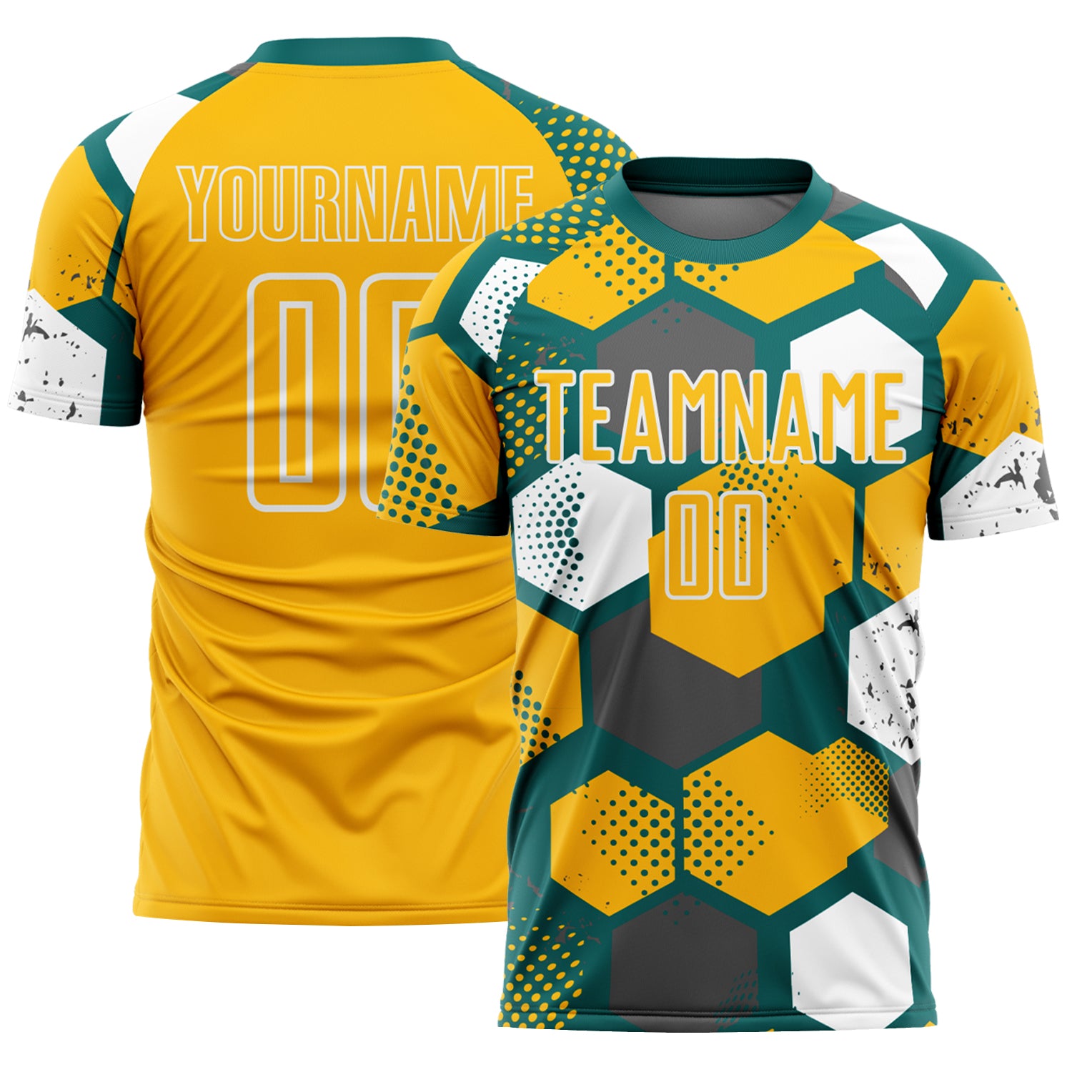 Custom Teal Gold-White Geometric Shape Sublimation Soccer Uniform Jersey