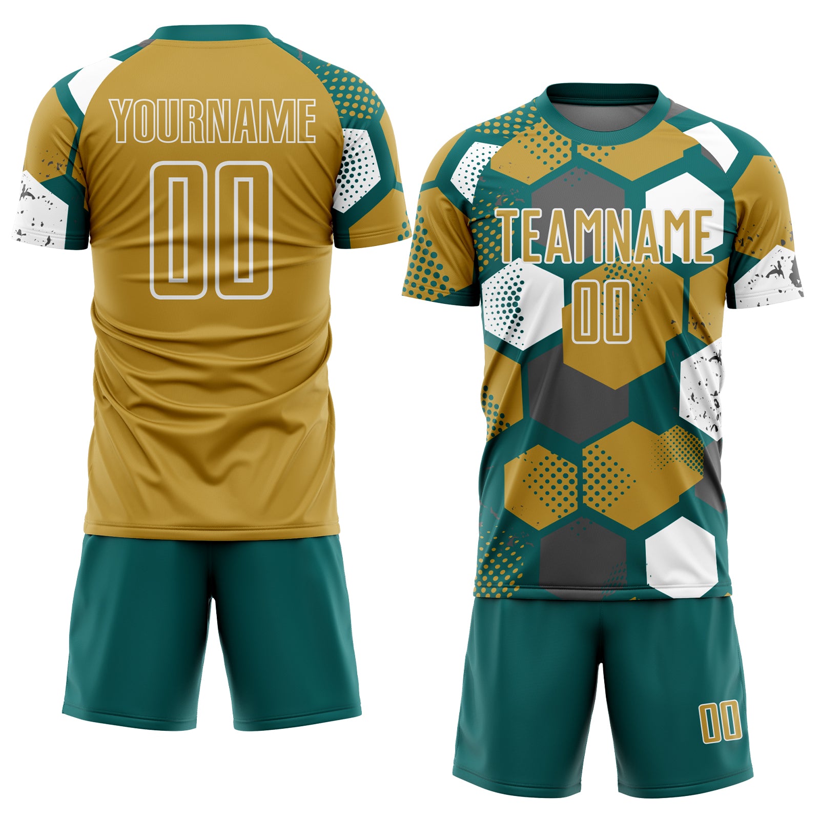 Custom Teal Old Gold-White Geometric Shape Sublimation Soccer Uniform Jersey