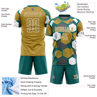 Custom Teal Old Gold-White Geometric Shape Sublimation Soccer Uniform Jersey