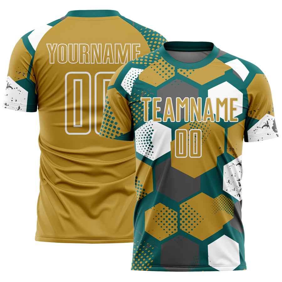 Custom Teal Old Gold-White Geometric Shape Sublimation Soccer Uniform Jersey