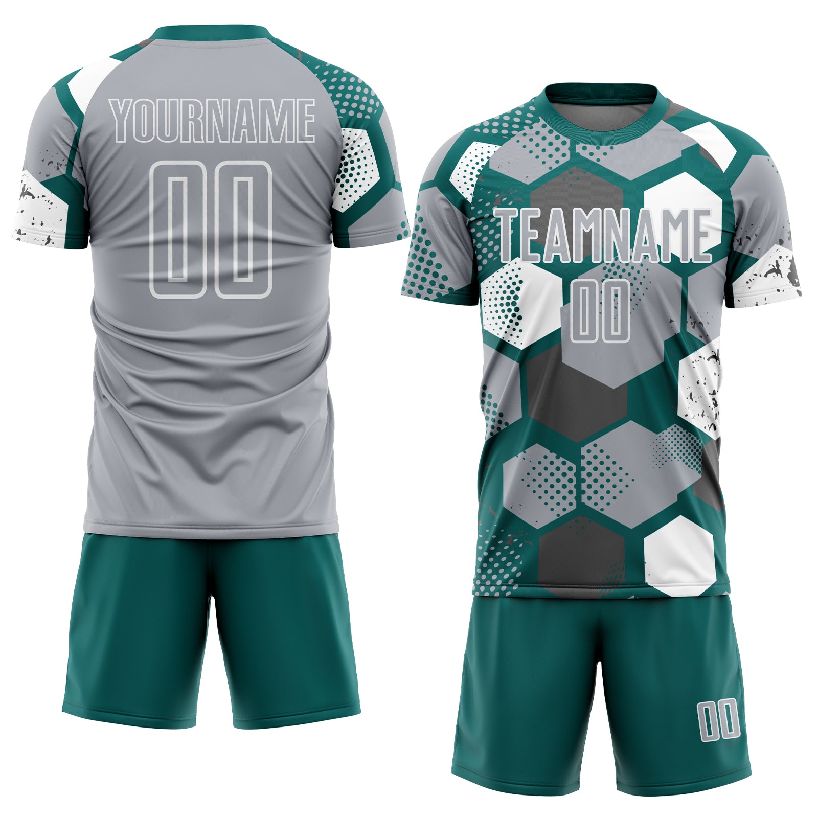 Custom Teal Gray-White Geometric Shape Sublimation Soccer Uniform Jersey