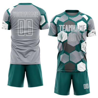 Custom Teal Gray-White Geometric Shape Sublimation Soccer Uniform Jersey