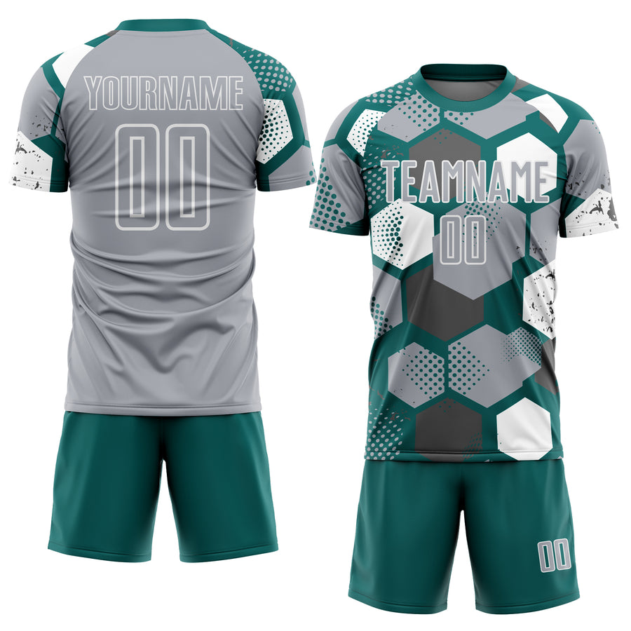 Custom Teal Gray-White Geometric Shape Sublimation Soccer Uniform Jersey