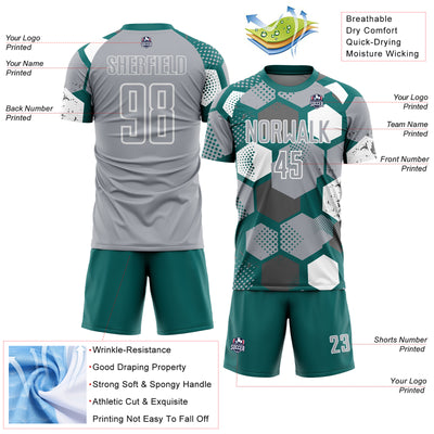 Custom Teal Gray-White Geometric Shape Sublimation Soccer Uniform Jersey