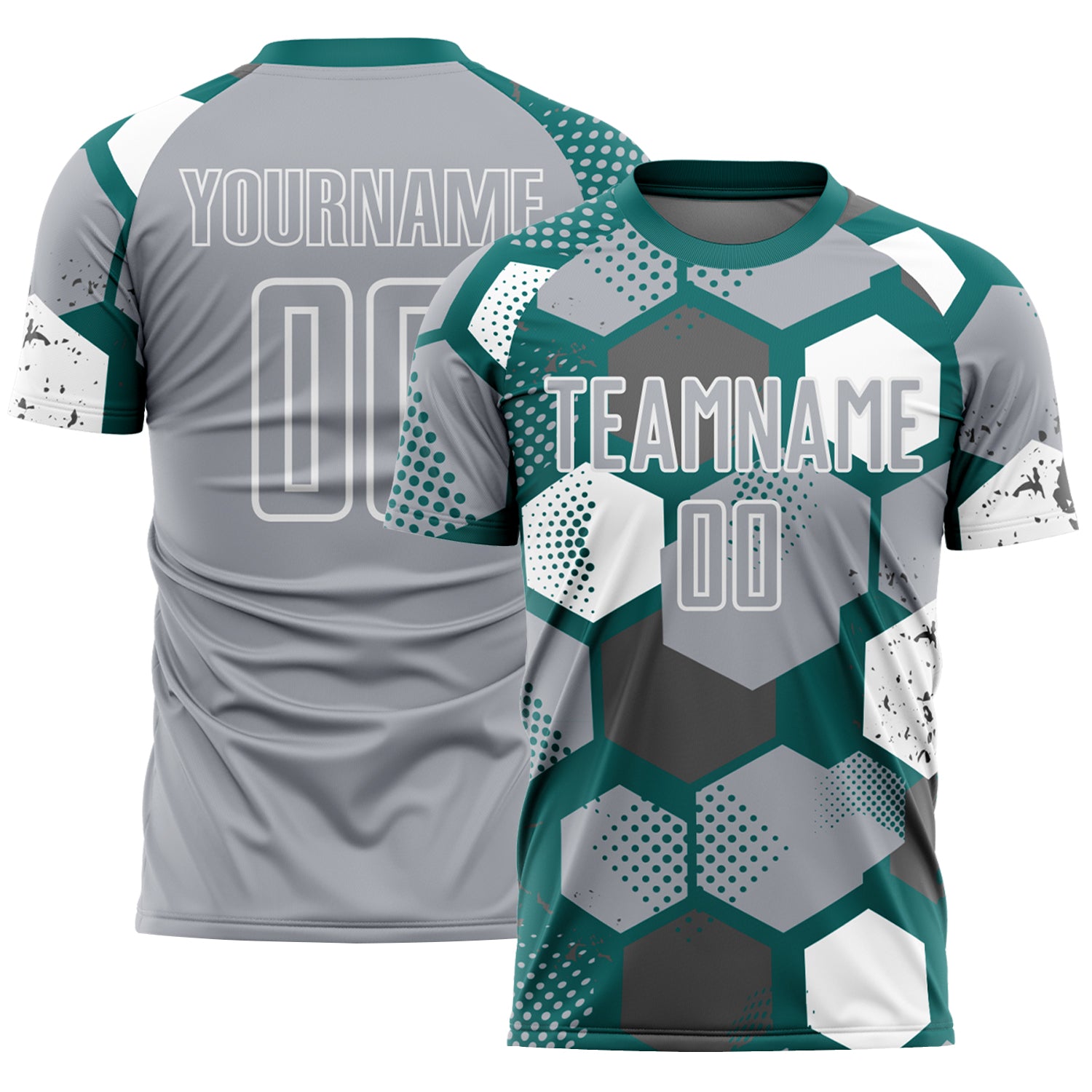 Custom Teal Gray-White Geometric Shape Sublimation Soccer Uniform Jersey