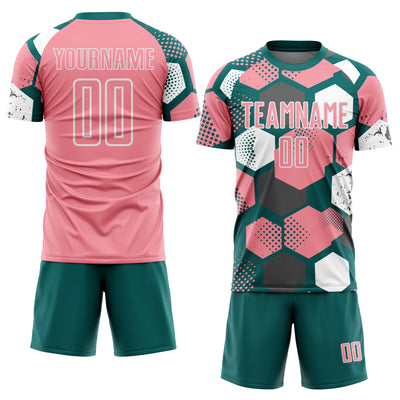Custom Teal Medium Pink-White Geometric Shape Sublimation Soccer Uniform Jersey