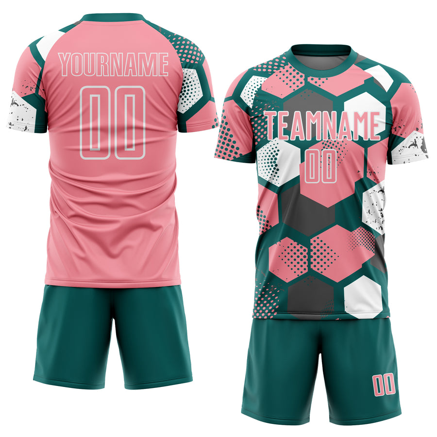 Custom Teal Medium Pink-White Geometric Shape Sublimation Soccer Uniform Jersey