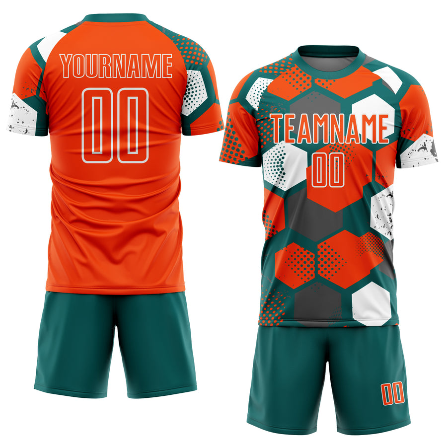Custom Teal Orange-White Geometric Shape Sublimation Soccer Uniform Jersey