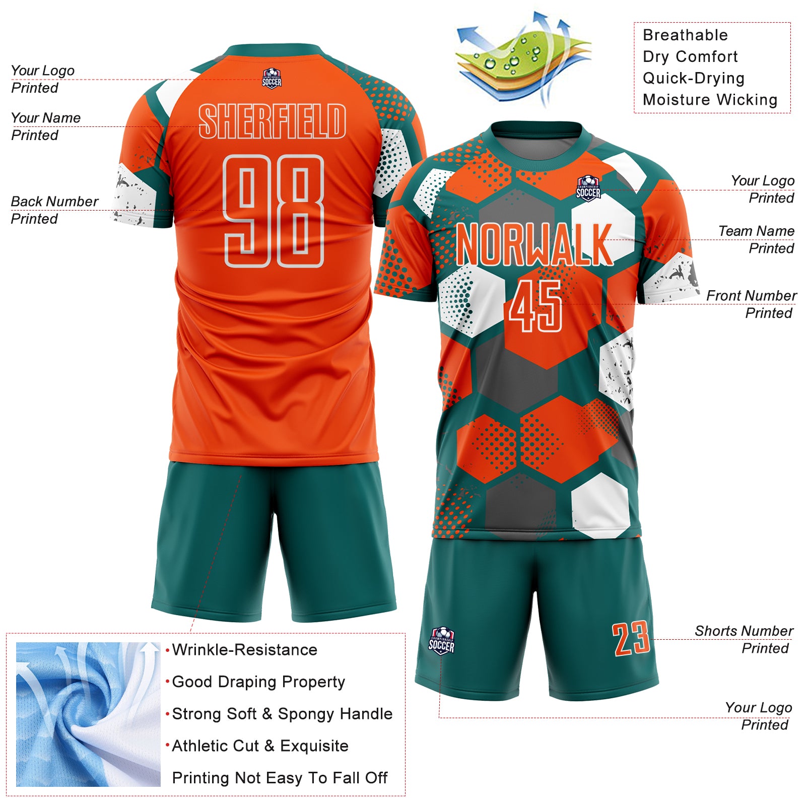 Custom Teal Orange-White Geometric Shape Sublimation Soccer Uniform Jersey