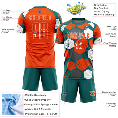 Custom Teal Orange-White Geometric Shape Sublimation Soccer Uniform Jersey