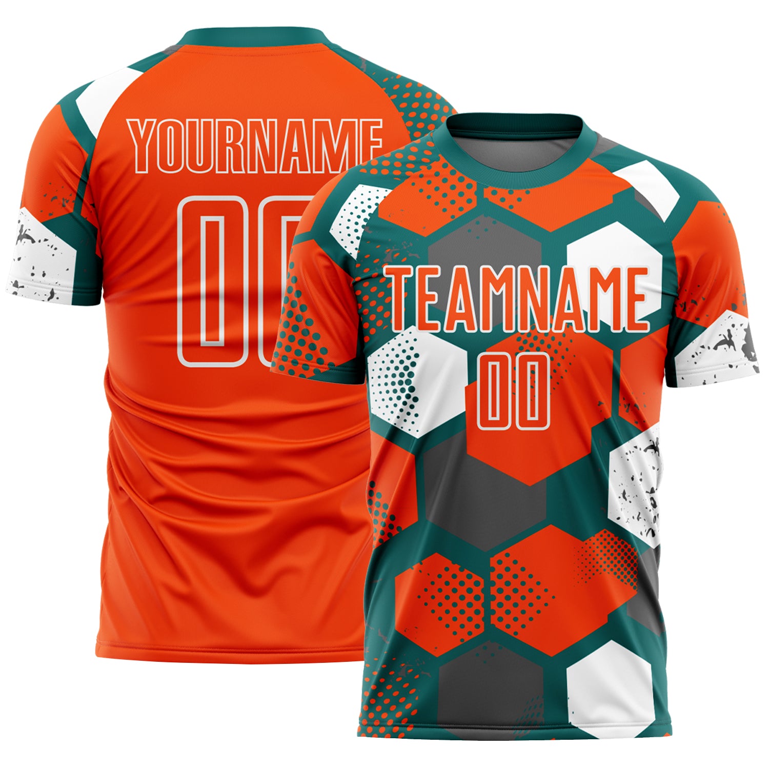 Custom Teal Orange-White Geometric Shape Sublimation Soccer Uniform Jersey