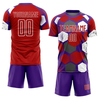 Custom Purple Red-White Geometric Shape Sublimation Soccer Uniform Jersey