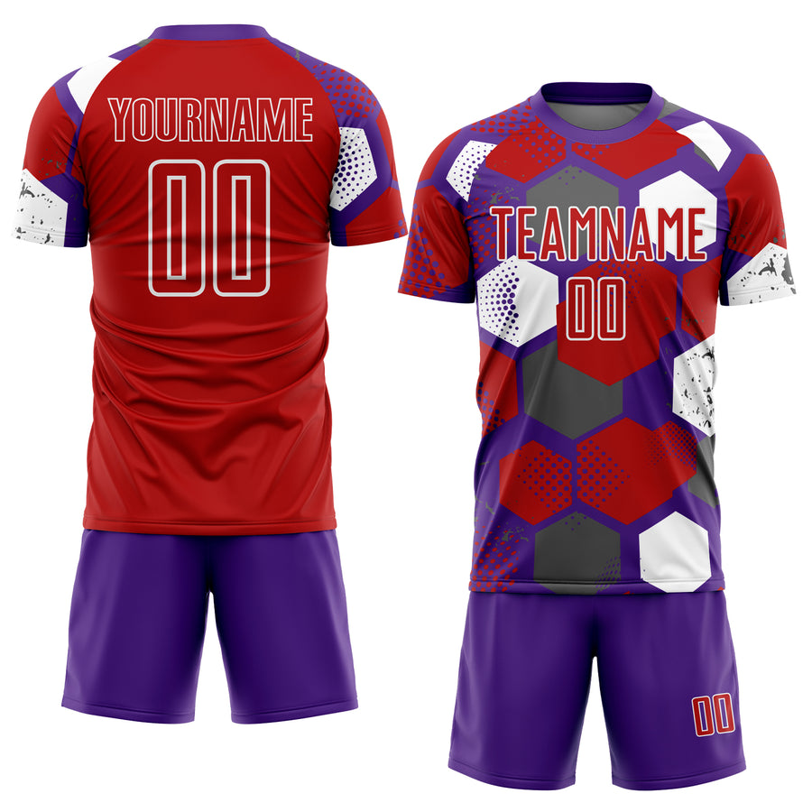 Custom Purple Red-White Geometric Shape Sublimation Soccer Uniform Jersey