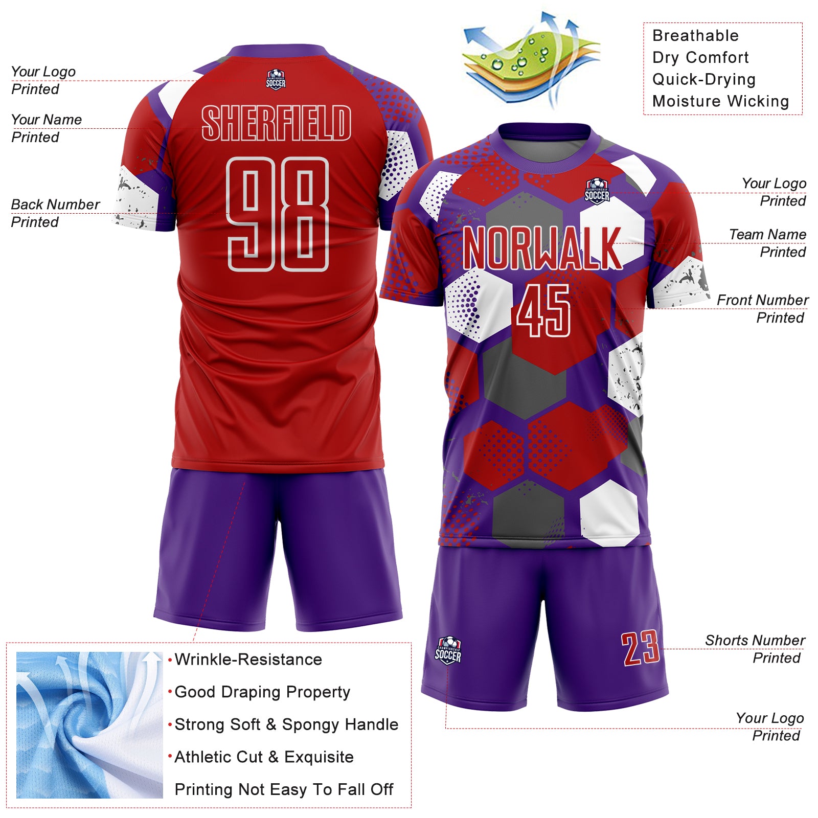 Custom Purple Red-White Geometric Shape Sublimation Soccer Uniform Jersey
