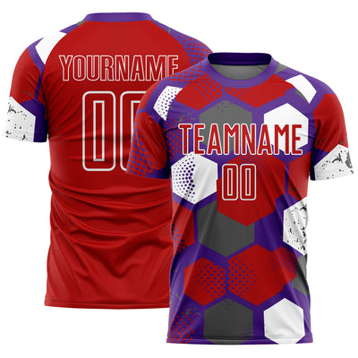 Custom Purple Red-White Geometric Shape Sublimation Soccer Uniform Jersey