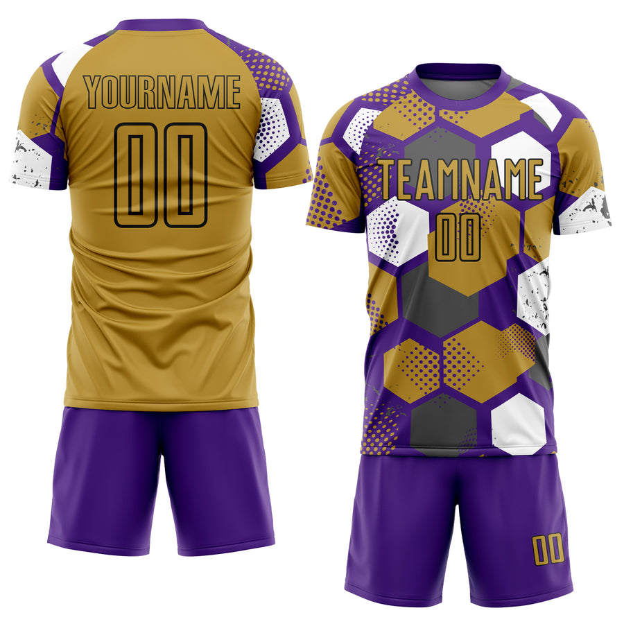 Custom Purple Old Gold White-Black Geometric Shape Sublimation Soccer Uniform Jersey