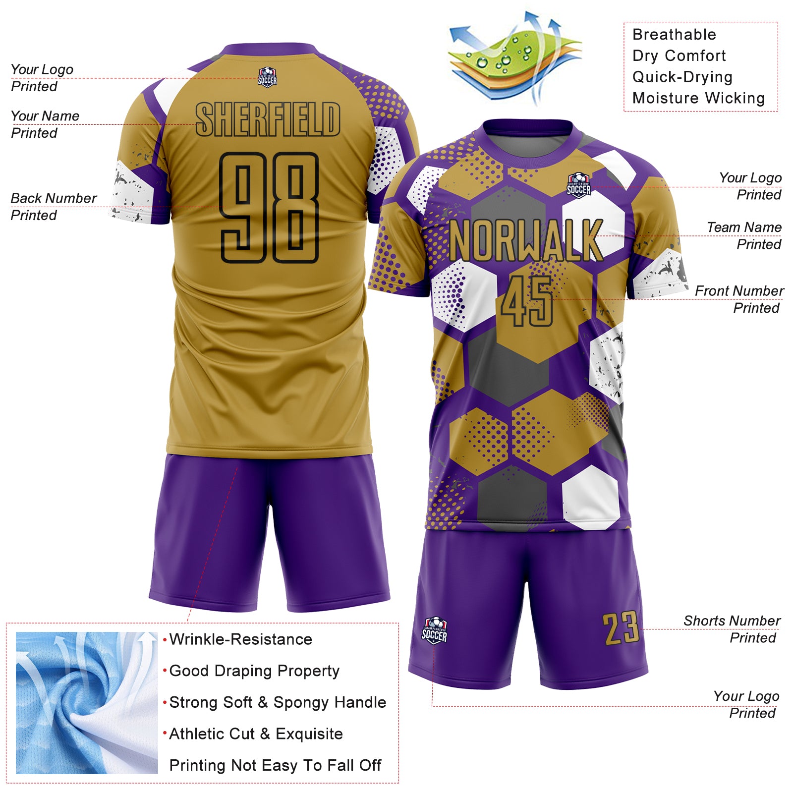 Custom Purple Old Gold White-Black Geometric Shape Sublimation Soccer Uniform Jersey