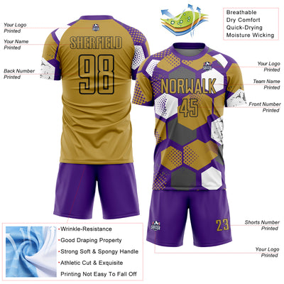 Custom Purple Old Gold White-Black Geometric Shape Sublimation Soccer Uniform Jersey