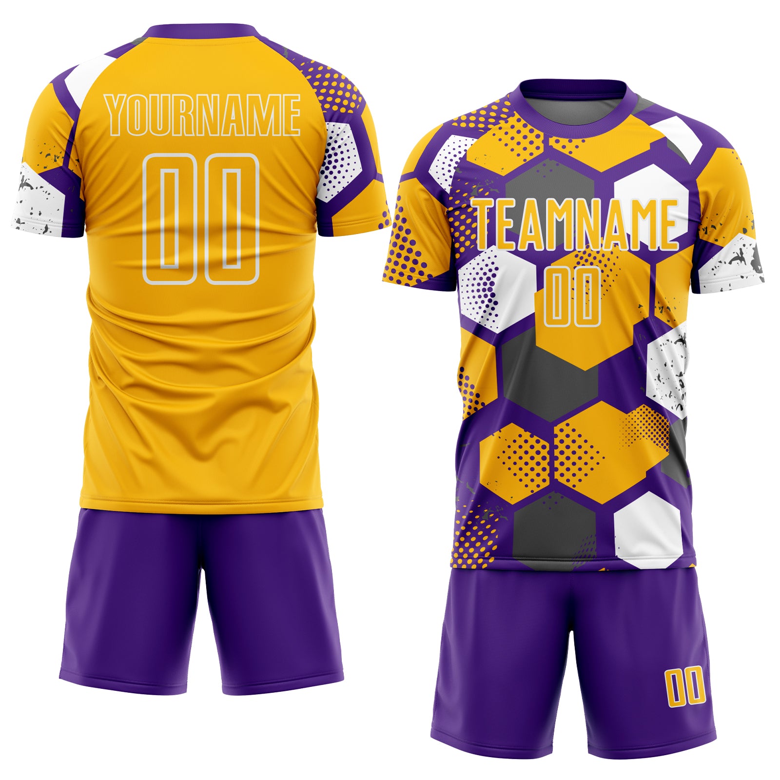 Custom Purple Gold-White Geometric Shape Sublimation Soccer Uniform Jersey