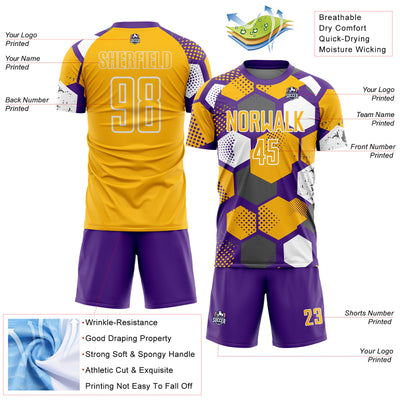 Custom Purple Gold-White Geometric Shape Sublimation Soccer Uniform Jersey