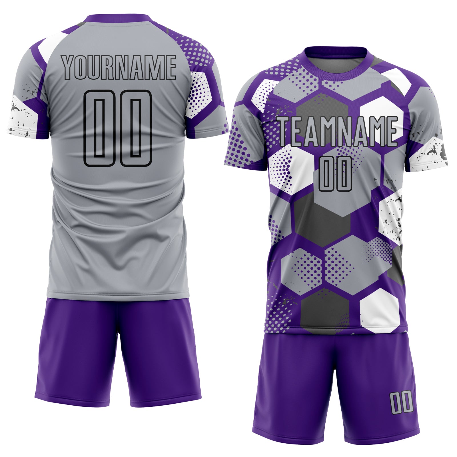 Custom Purple Gray White-Black Geometric Shape Sublimation Soccer Uniform Jersey