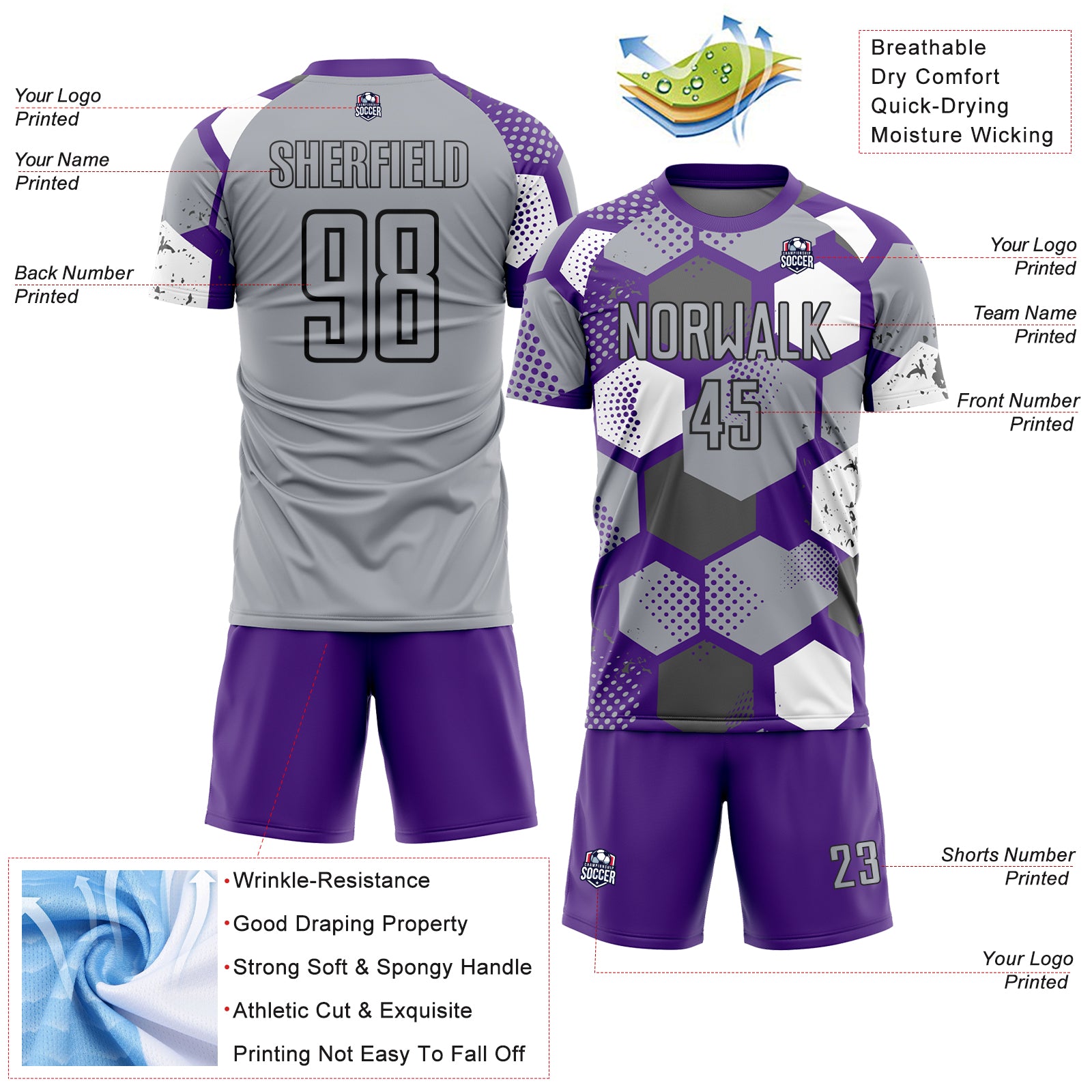 Custom Purple Gray White-Black Geometric Shape Sublimation Soccer Uniform Jersey