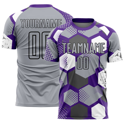 Custom Purple Gray White-Black Geometric Shape Sublimation Soccer Uniform Jersey