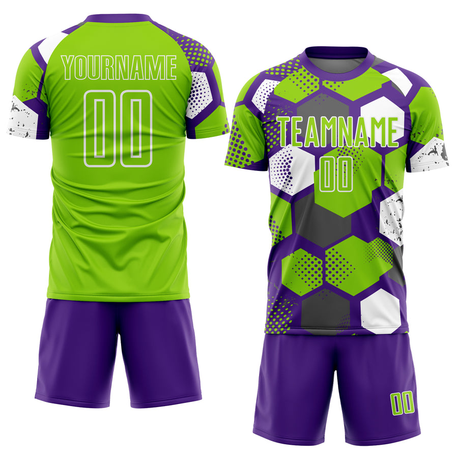 Custom Purple Neon Green-White Geometric Shape Sublimation Soccer Uniform Jersey
