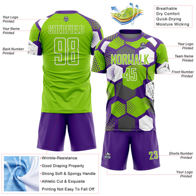 Custom Purple Neon Green-White Geometric Shape Sublimation Soccer Uniform Jersey