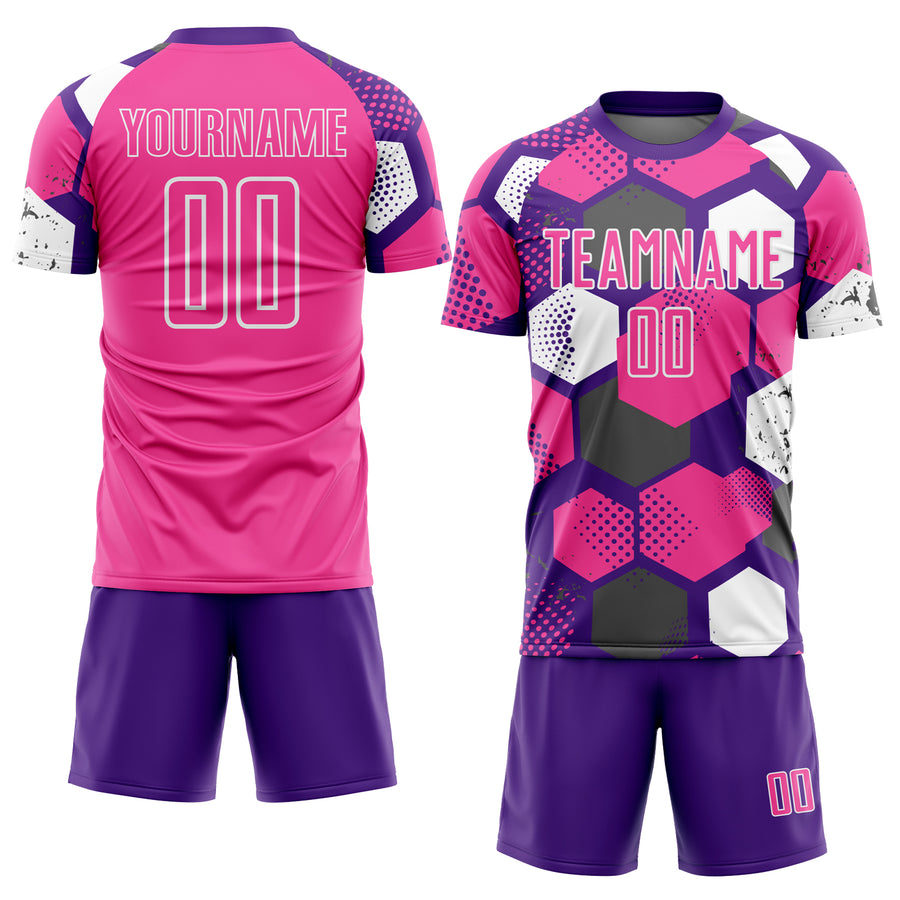 Custom Purple Pink-White Geometric Shape Sublimation Soccer Uniform Jersey