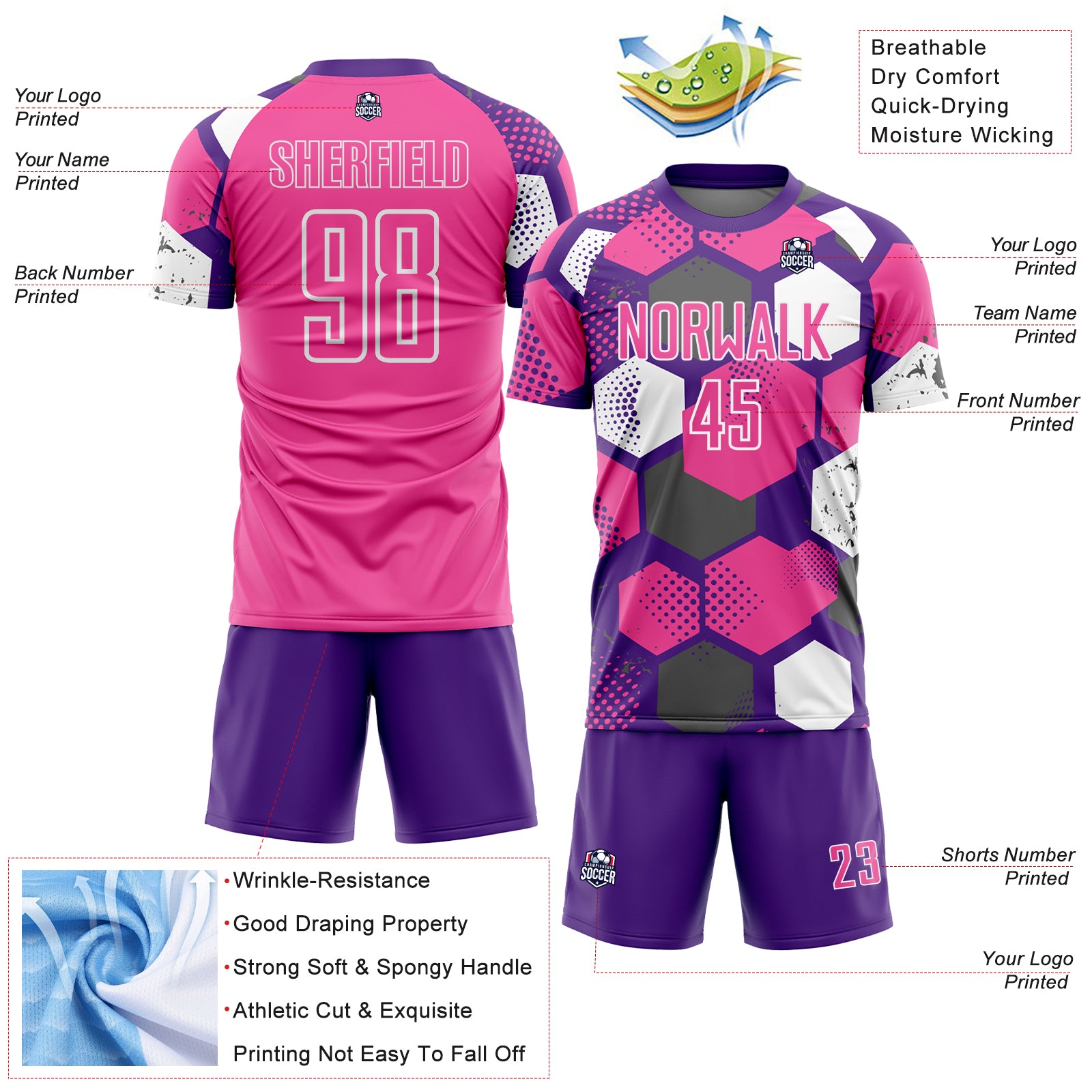 Custom Purple Pink-White Geometric Shape Sublimation Soccer Uniform Jersey