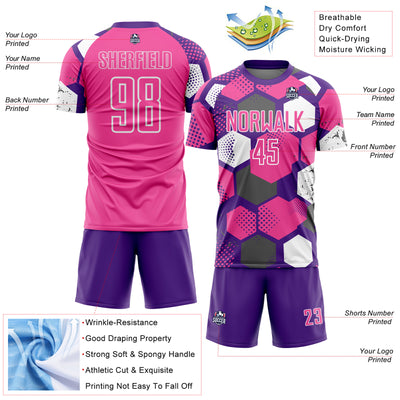 Custom Purple Pink-White Geometric Shape Sublimation Soccer Uniform Jersey