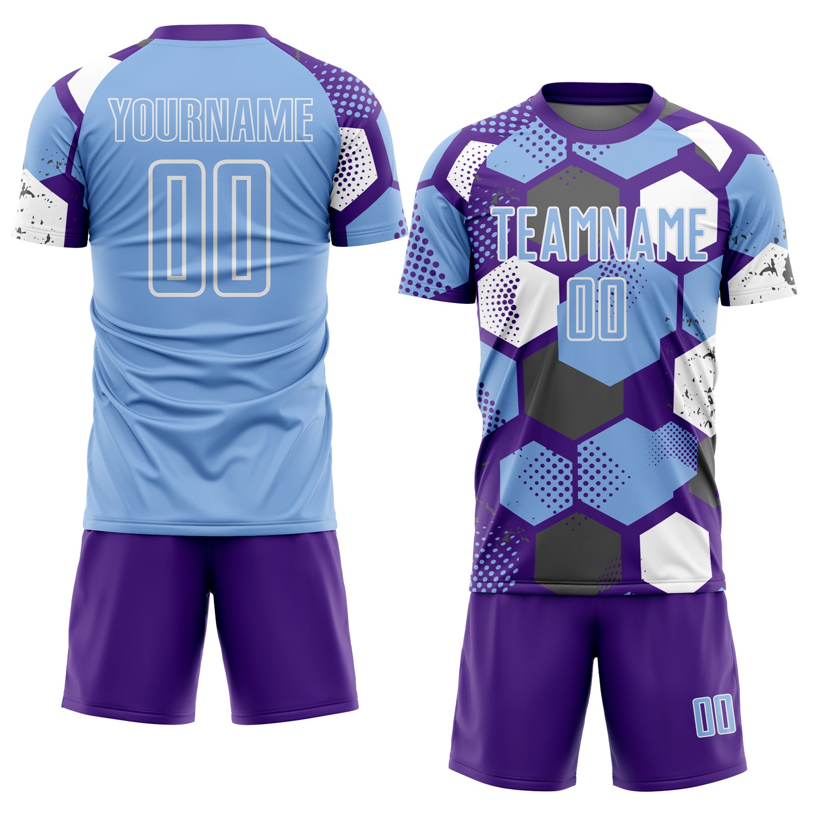Custom Purple Light Blue-White Geometric Shape Sublimation Soccer Uniform Jersey