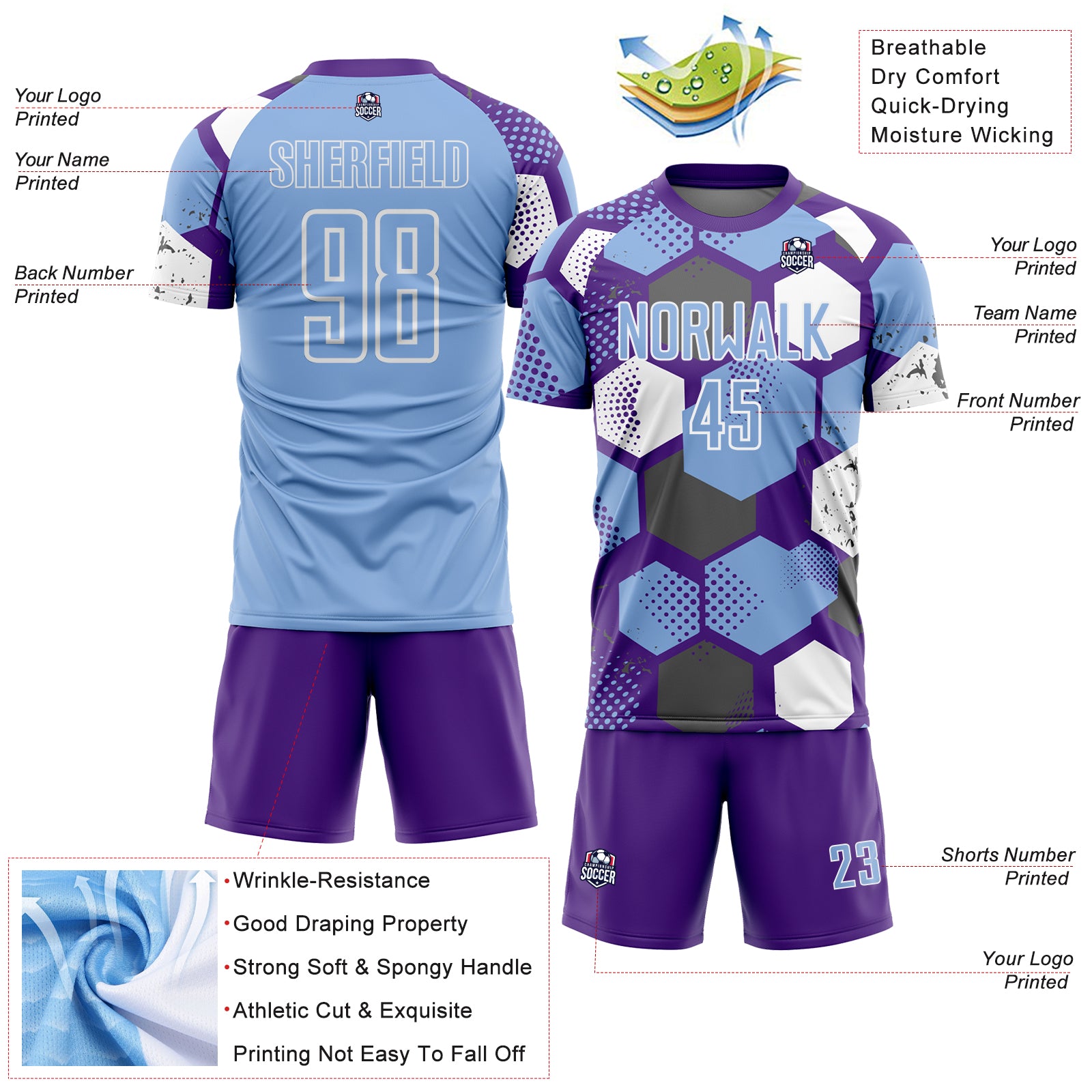 Custom Purple Light Blue-White Geometric Shape Sublimation Soccer Uniform Jersey