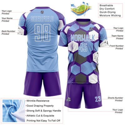 Custom Purple Light Blue-White Geometric Shape Sublimation Soccer Uniform Jersey