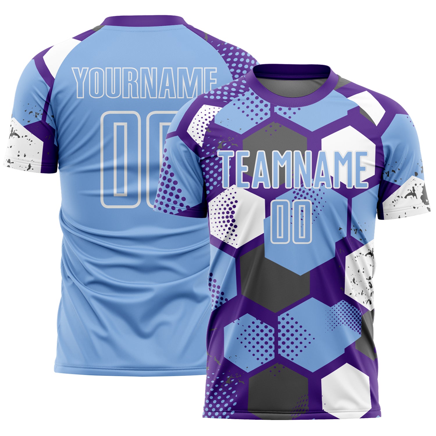 Custom Purple Light Blue-White Geometric Shape Sublimation Soccer Uniform Jersey
