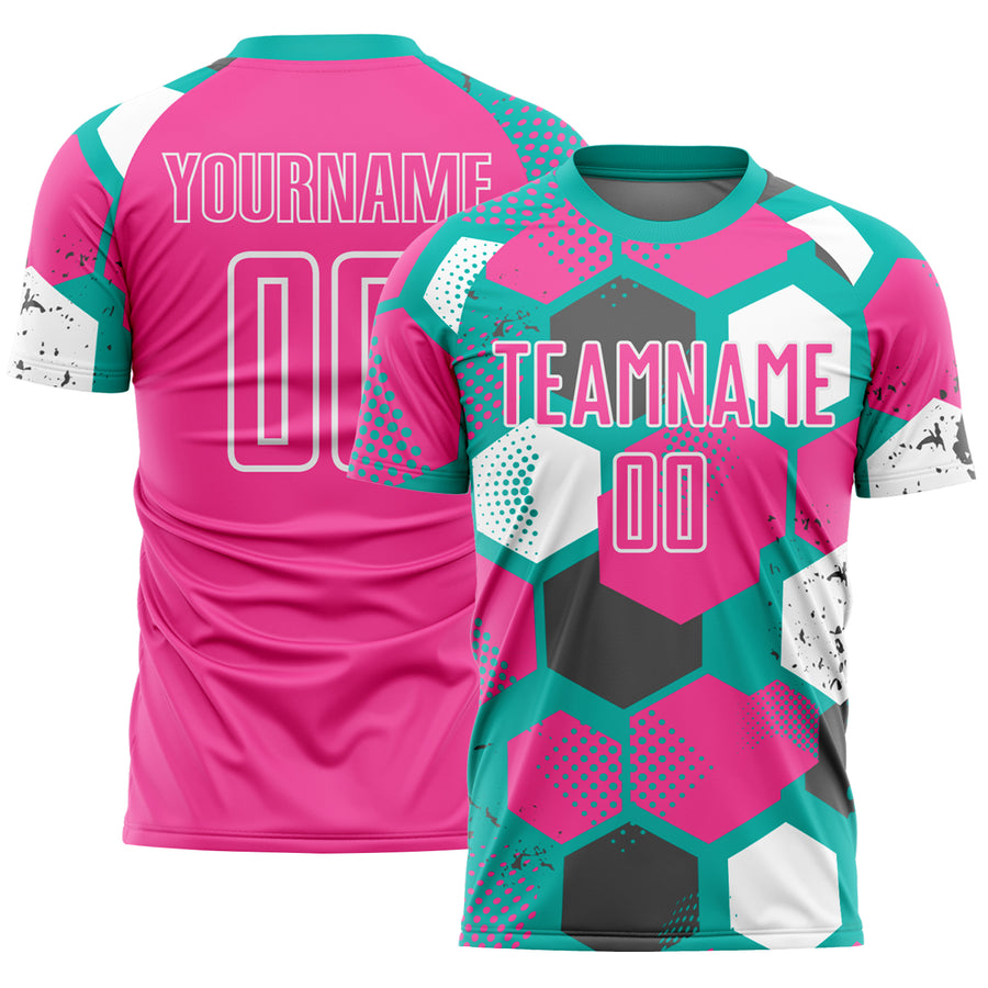 Custom Aqua Pink-White Geometric Shape Sublimation Soccer Uniform Jersey